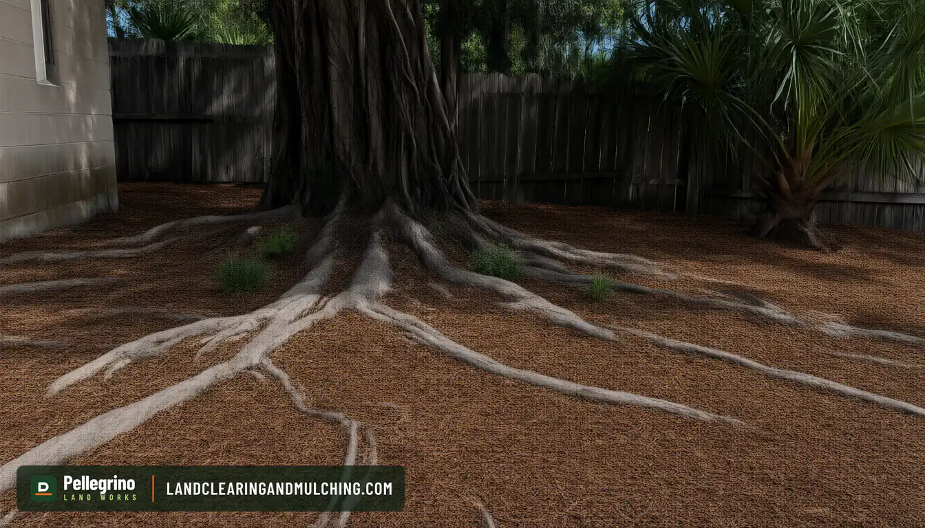 The same Florida backyard with a wide mulch bed covering the area under the live oak