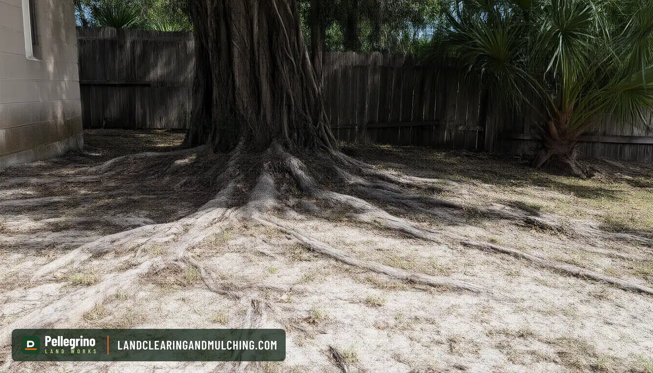 Exposed oak surface roots and bare sand under a live oak in a Florida backyard