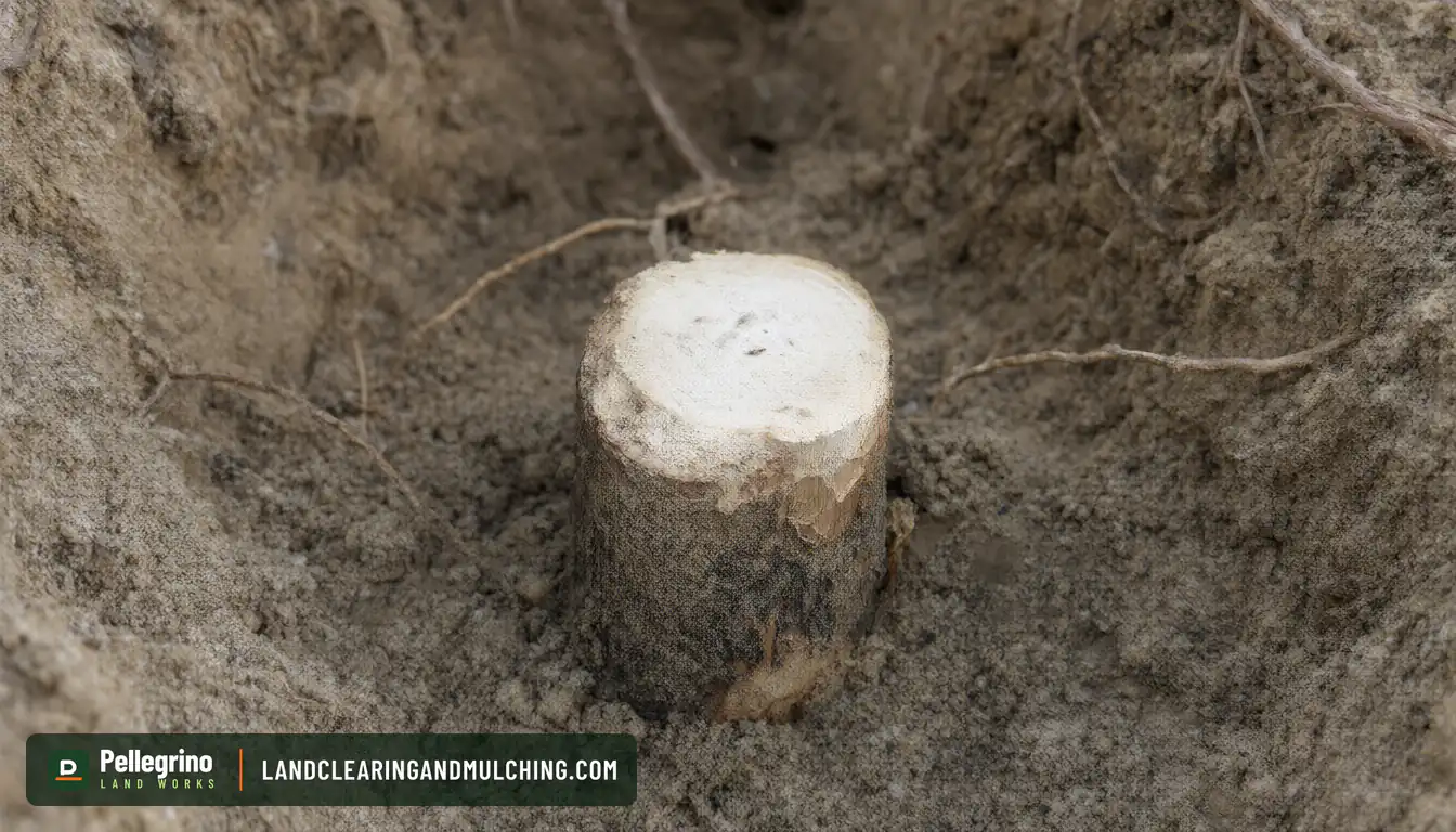 Clean flat saw cut on the end of a severed tree root in a sandy trench