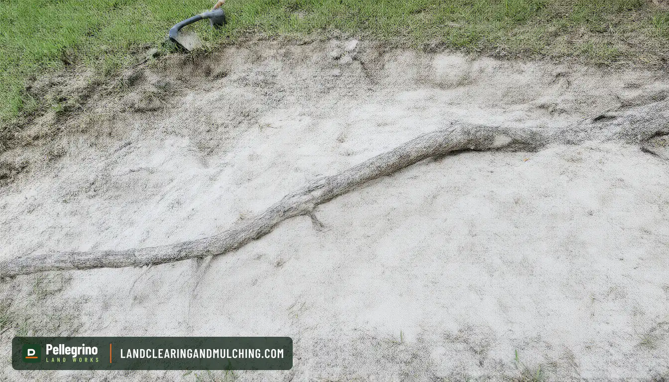 Oak root about two inches thick exposed in a hand-dug trench in pale Florida sand