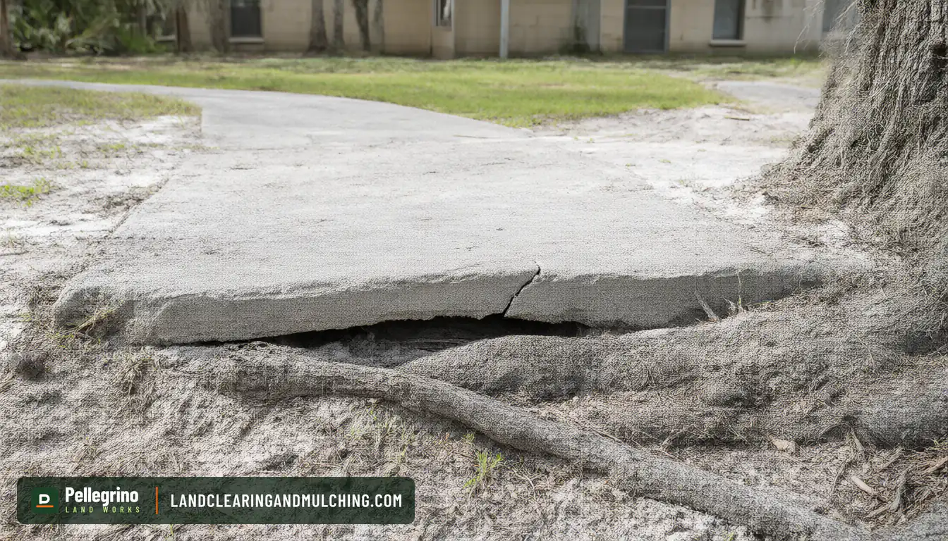 Live oak root lifting and cracking the edge of a concrete driveway beside a Florida home