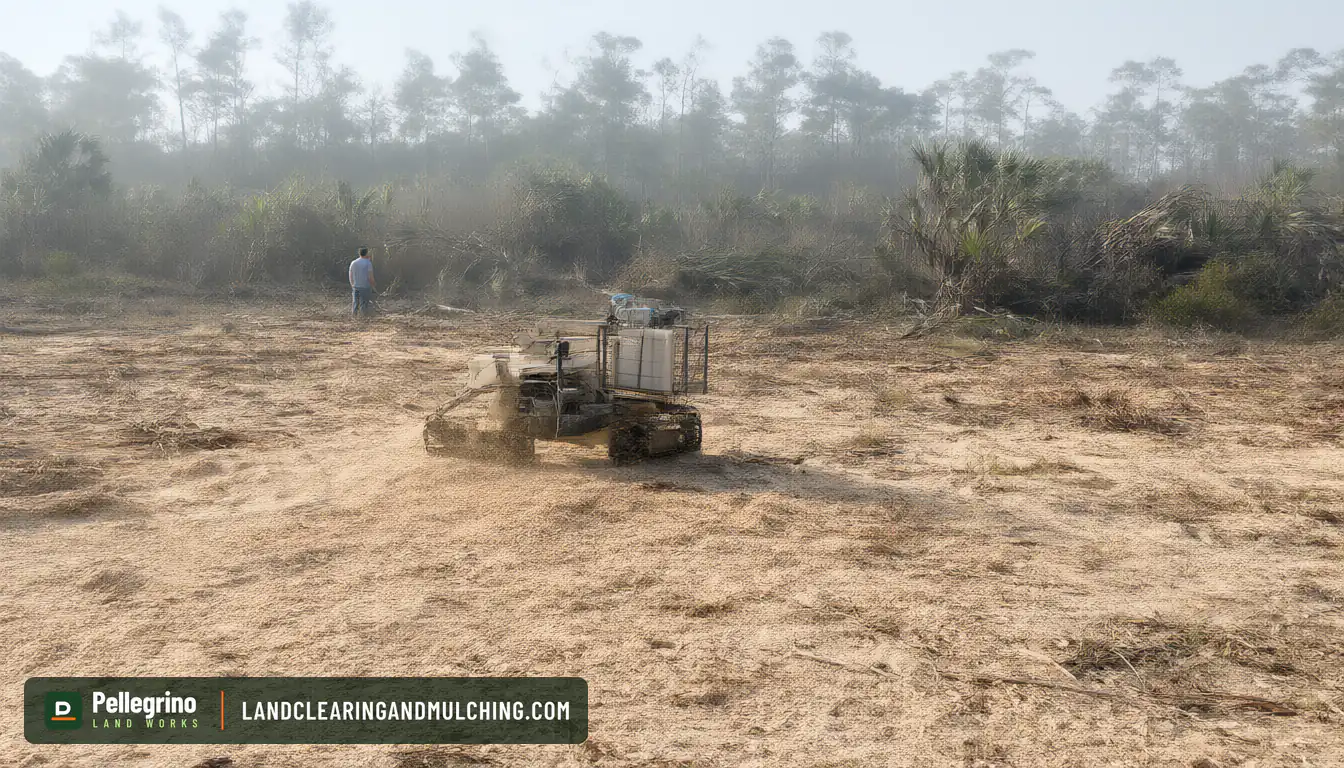 Stump grinder working on oak roots at a distance on a cleared Florida lot