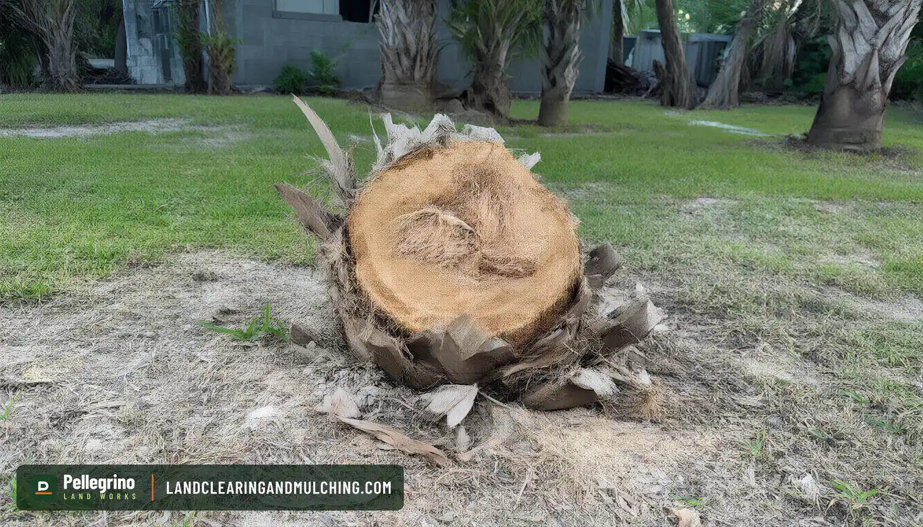Cabbage palm trunk cut a foot above the sand in a Florida yard, fibrous top and no new growth