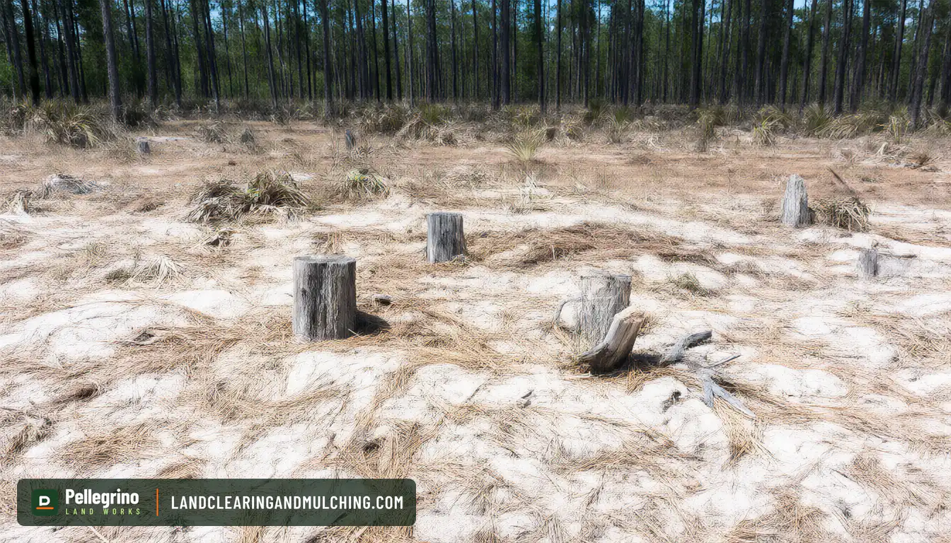 Gray weathered slash pine stumps on a cleared Florida flatwoods lot with no sprouts, saw palmetto around them