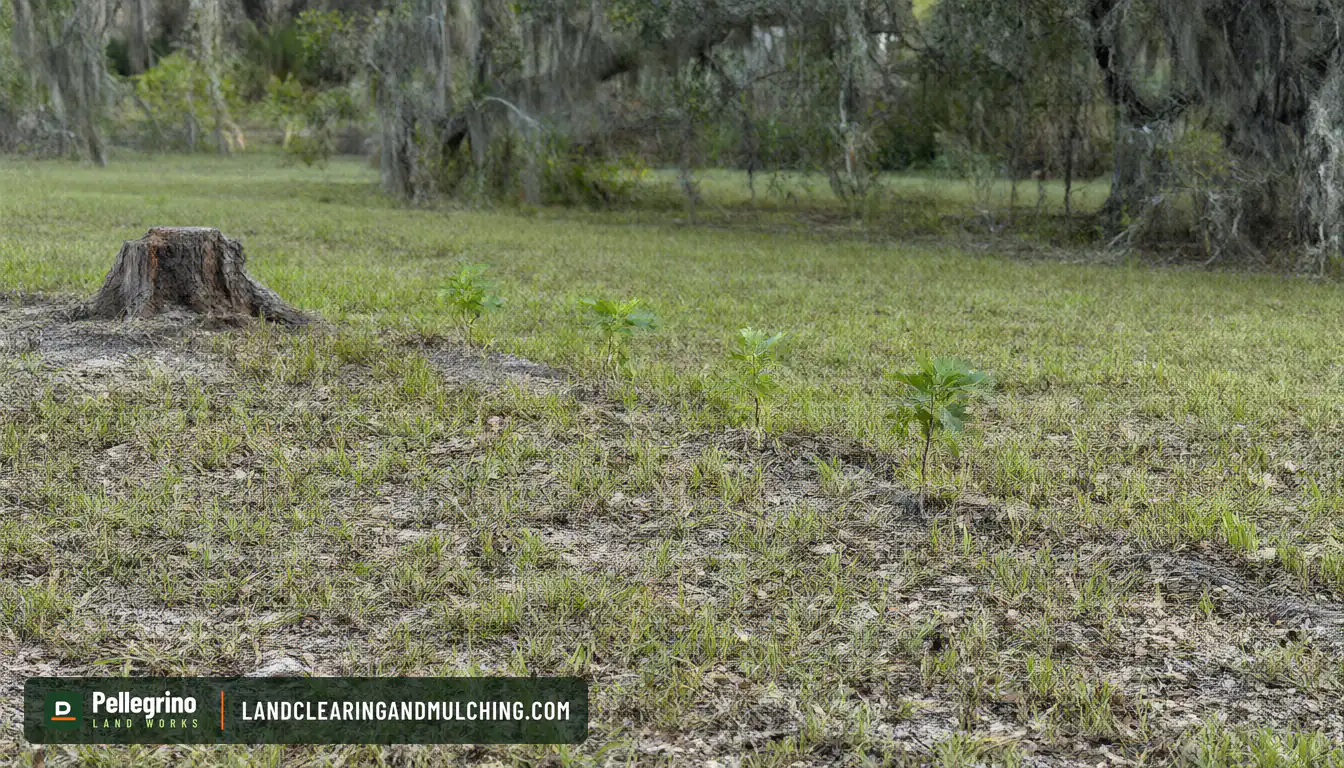 Small oak root suckers coming up through a Florida lawn several feet from an old cut stump