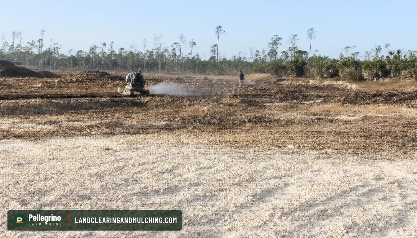 Stump grinding crew working far off on a cleared Florida lot, slash pines and palmetto at the edge