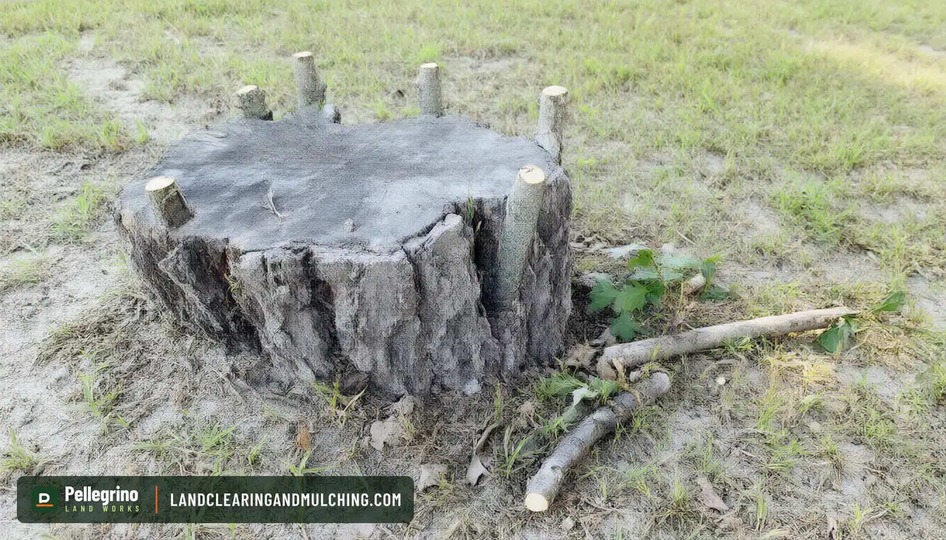 Oak stump with sprouts cut flush to the bark, a pair of loppers resting on the sand beside it
