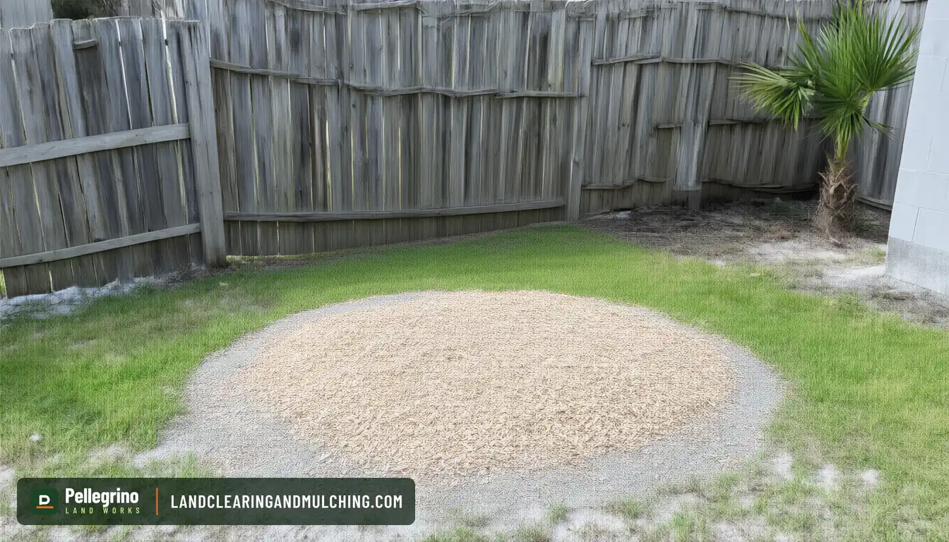 The same Florida backyard after stump grinding, sprouts and stump gone, a low mound of chips on sand