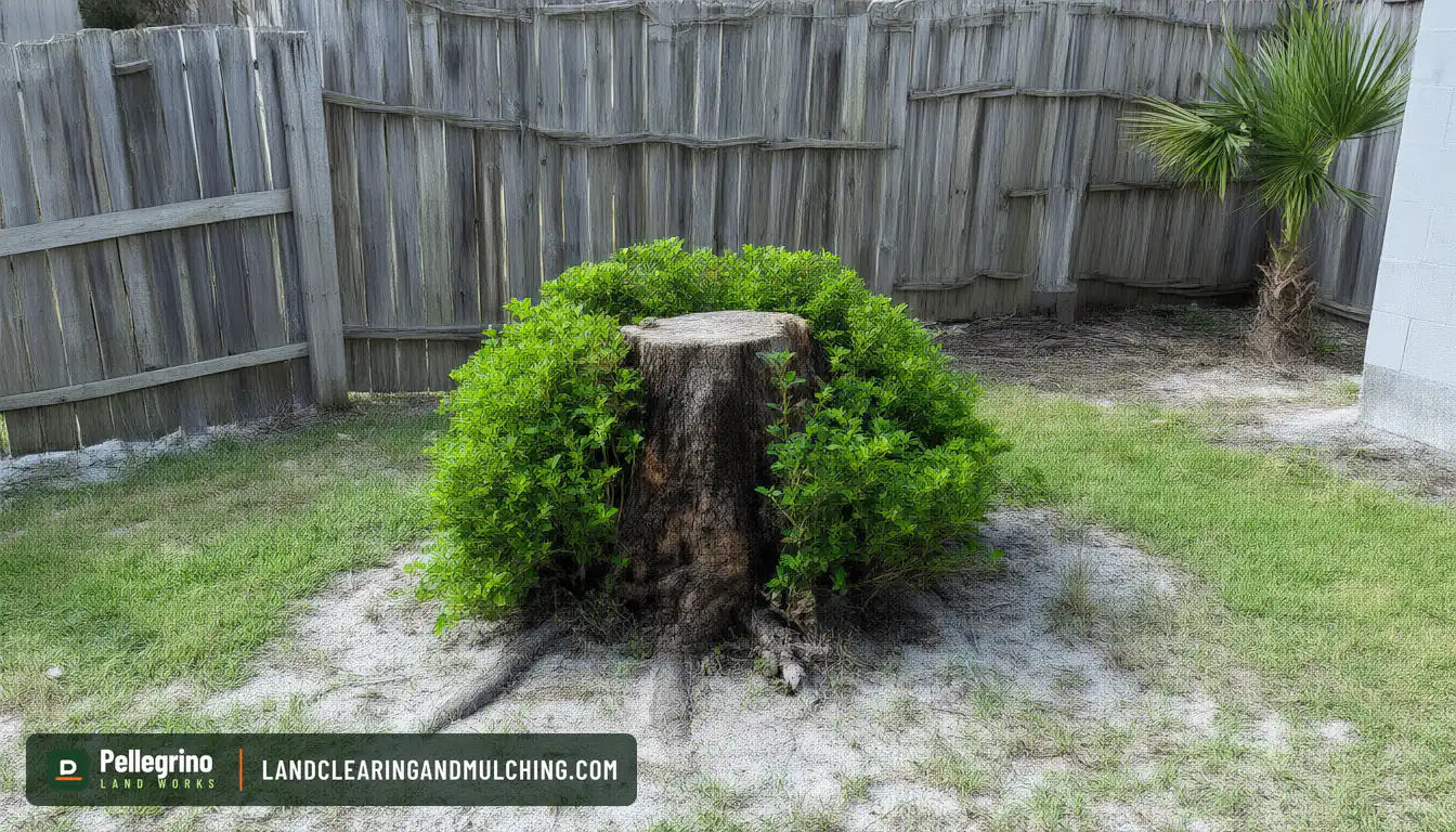 Oak stump with waist-high sprouts beside a wood fence in a Florida backyard before stump grinding