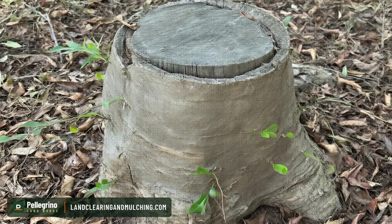 Red maple stump with reddish new sprouts growing from the bark ring a few weeks after the cut