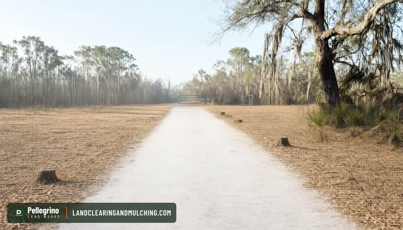 The same sand driveway after the downed pines were cut and hauled, stumps low at the edge