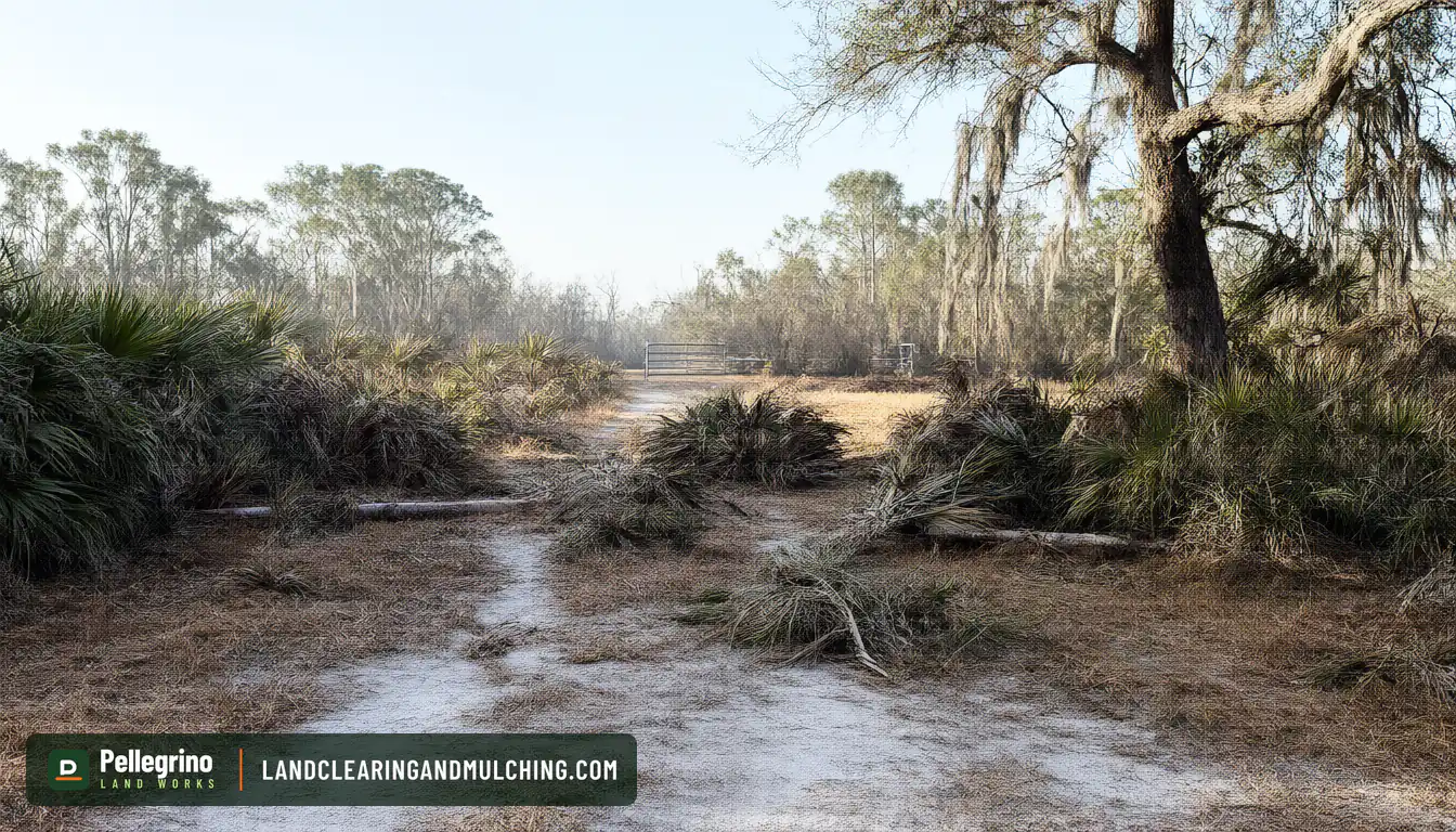 Hurricane-downed slash pines blocking a sand driveway on Florida acreage