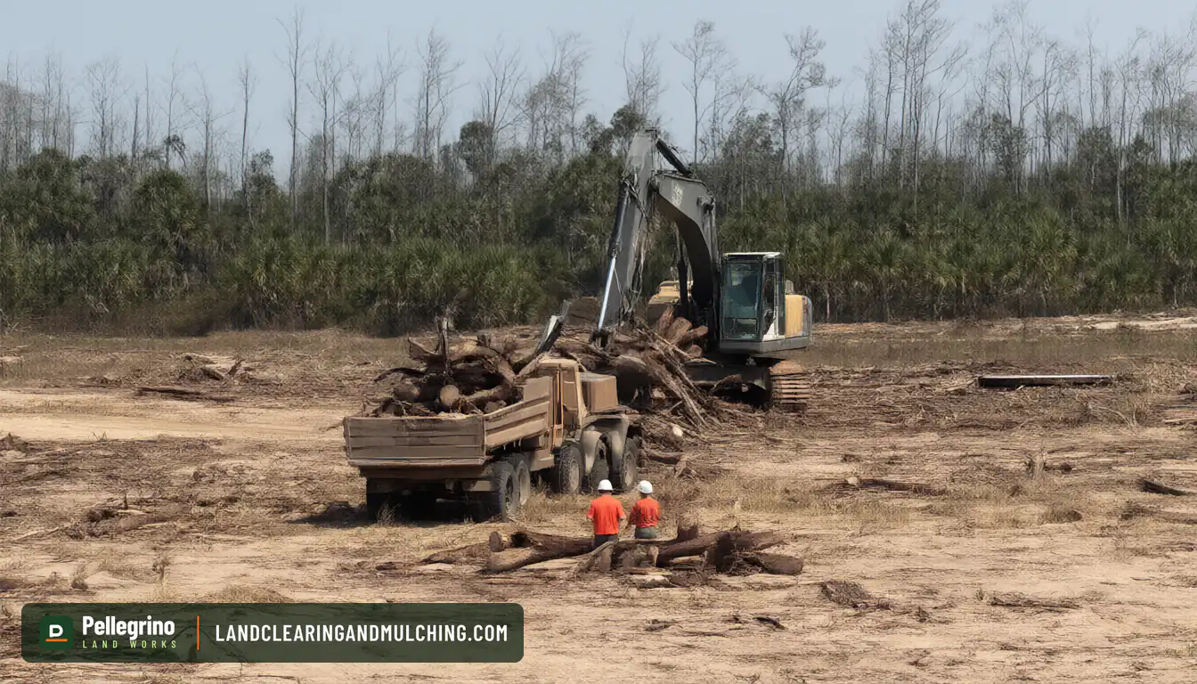 Excavator loading storm-downed pine trunks into a dump truck on a cleared Florida lot