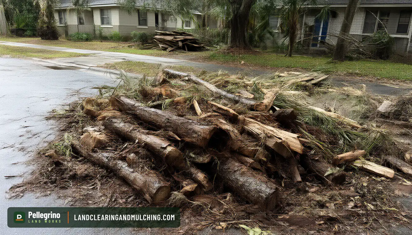 Pile of storm branches and cut oak logs at a Florida curb, kept apart from a mailbox and meter