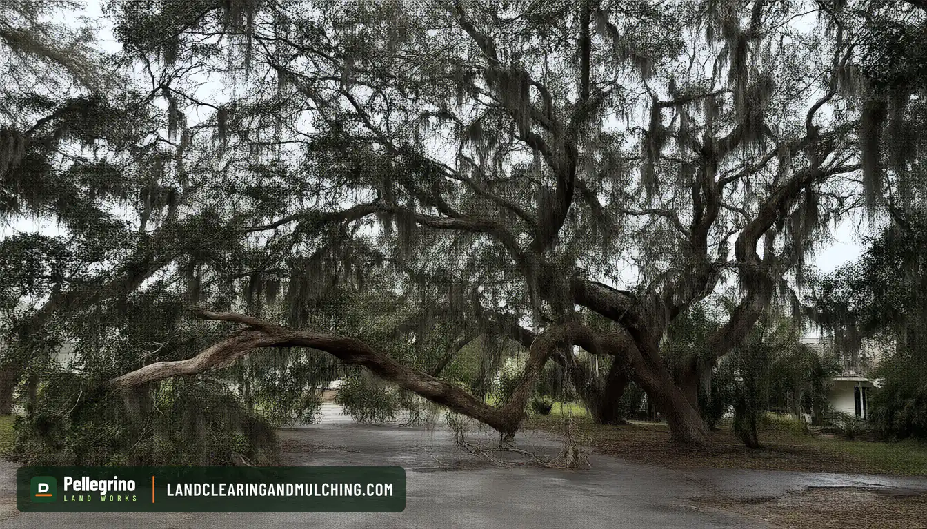 Broken live oak limb hanging in the crown over a Florida driveway after a storm