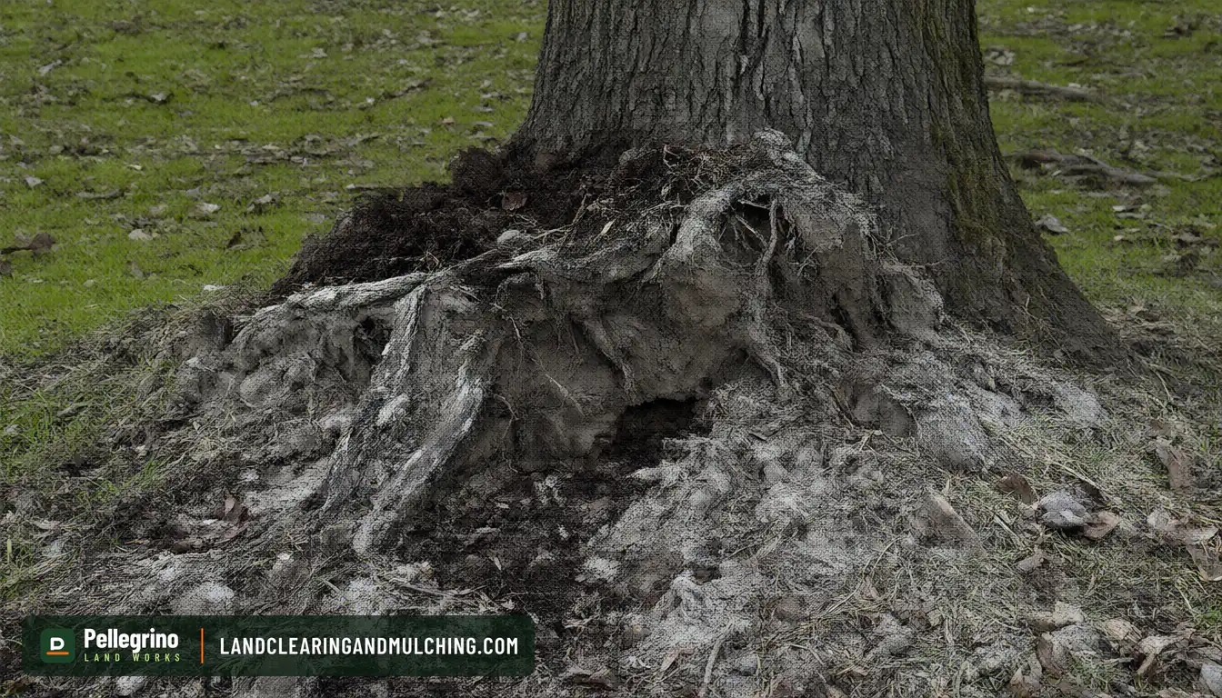 Base of a leaning oak with the root plate lifted and the sod cracked open on one side
