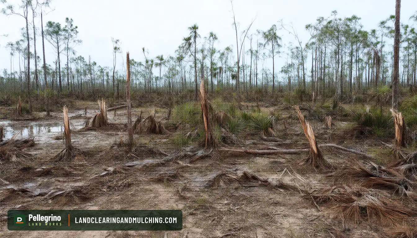 Slash pines snapped halfway up the trunk in a Florida flatwoods lot after hurricane winds