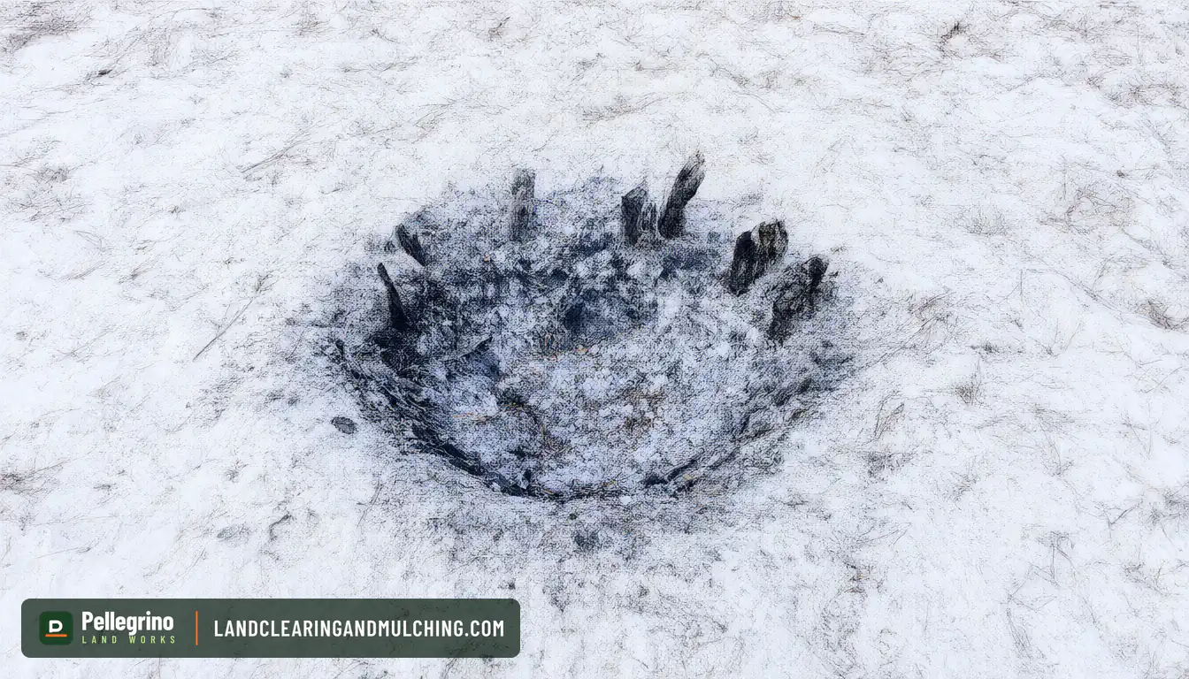 Burned-out stump hole in sandy soil with gray ash and charred root ends in the walls
