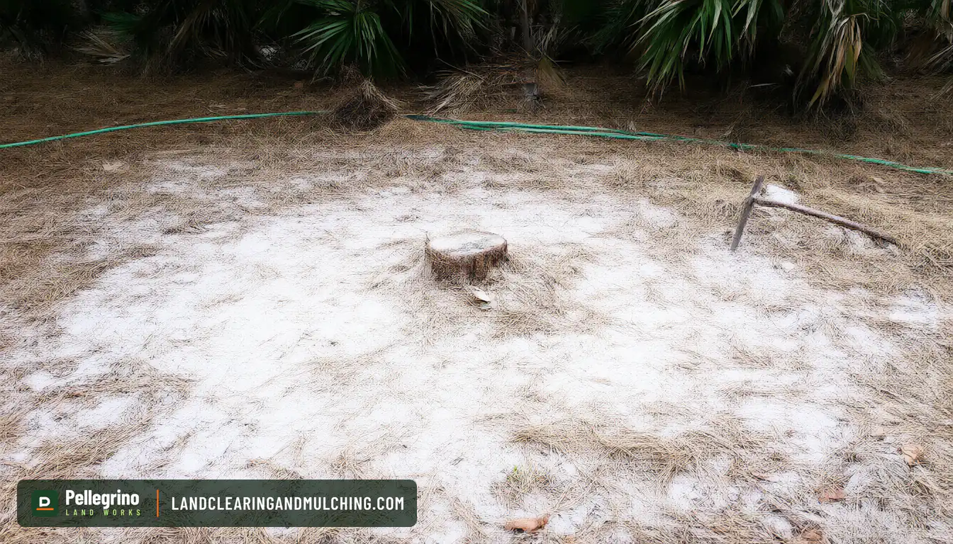 Pine stump with a wide ring raked down to bare sugar sand and a garden hose laid beside it