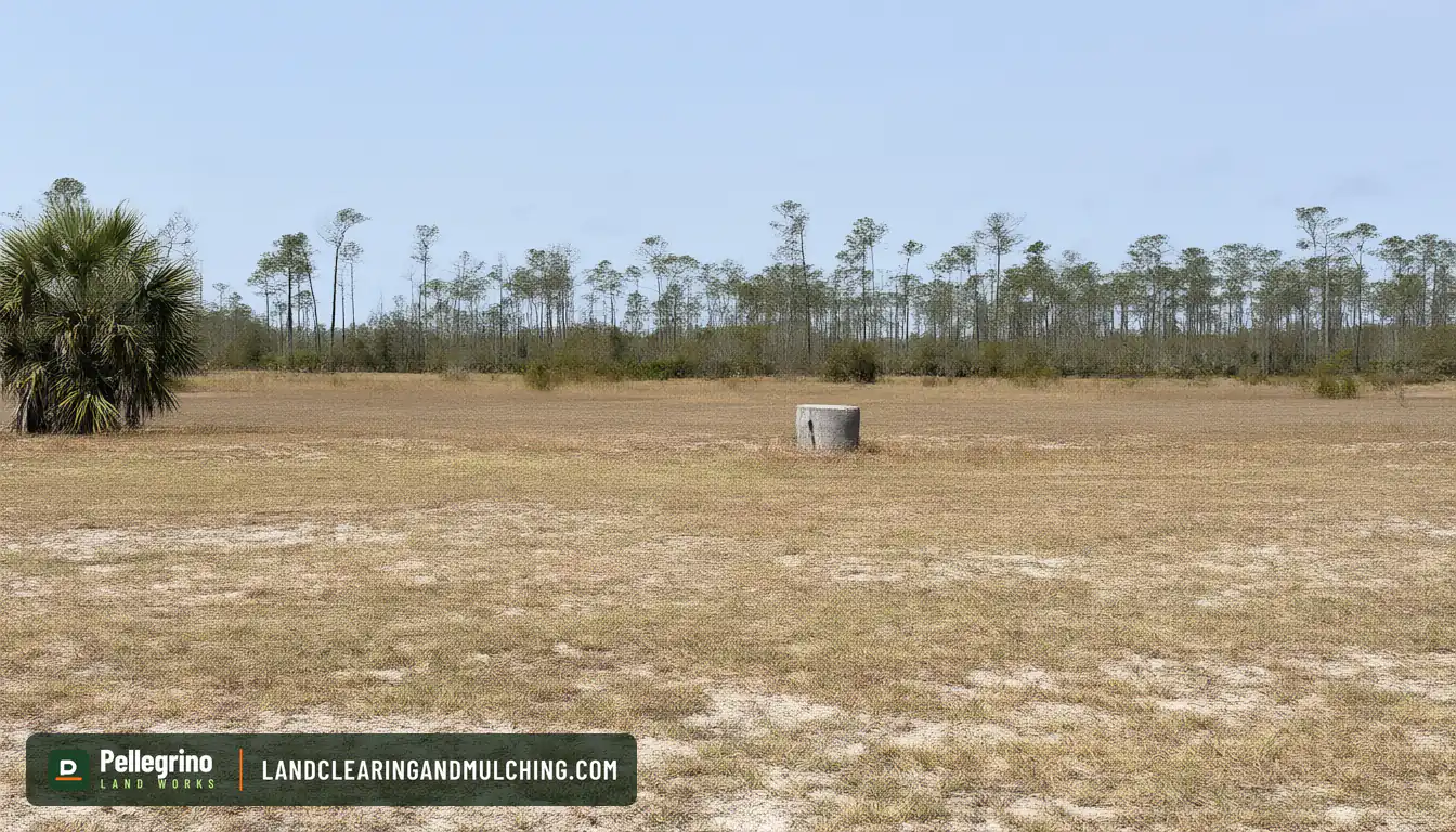 Single pine stump on open Florida pasture acreage with slash pine and palmetto far behind