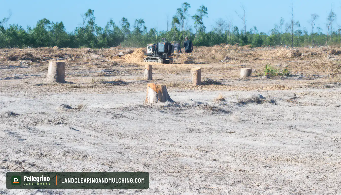 Stump grinding crew working at a distance on a cleared Florida lot among pine stumps