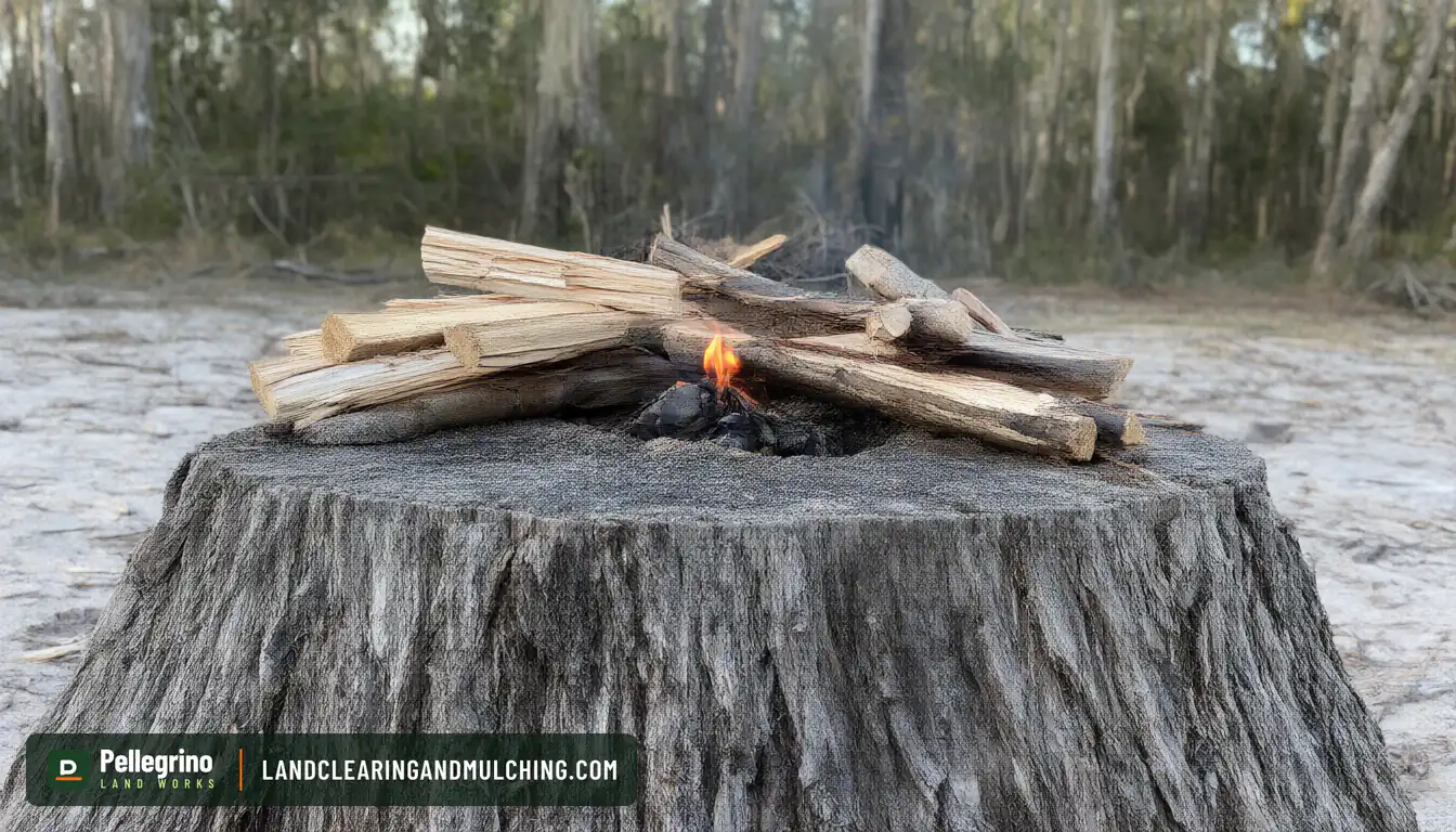Dry split kindling stacked on the top of a pine stump with a small flame starting