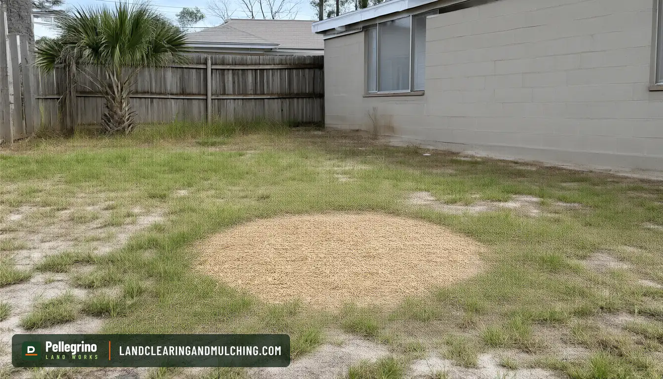 Same Florida backyard after stump grinding, a low patch of wood chips and sand where the stump stood
