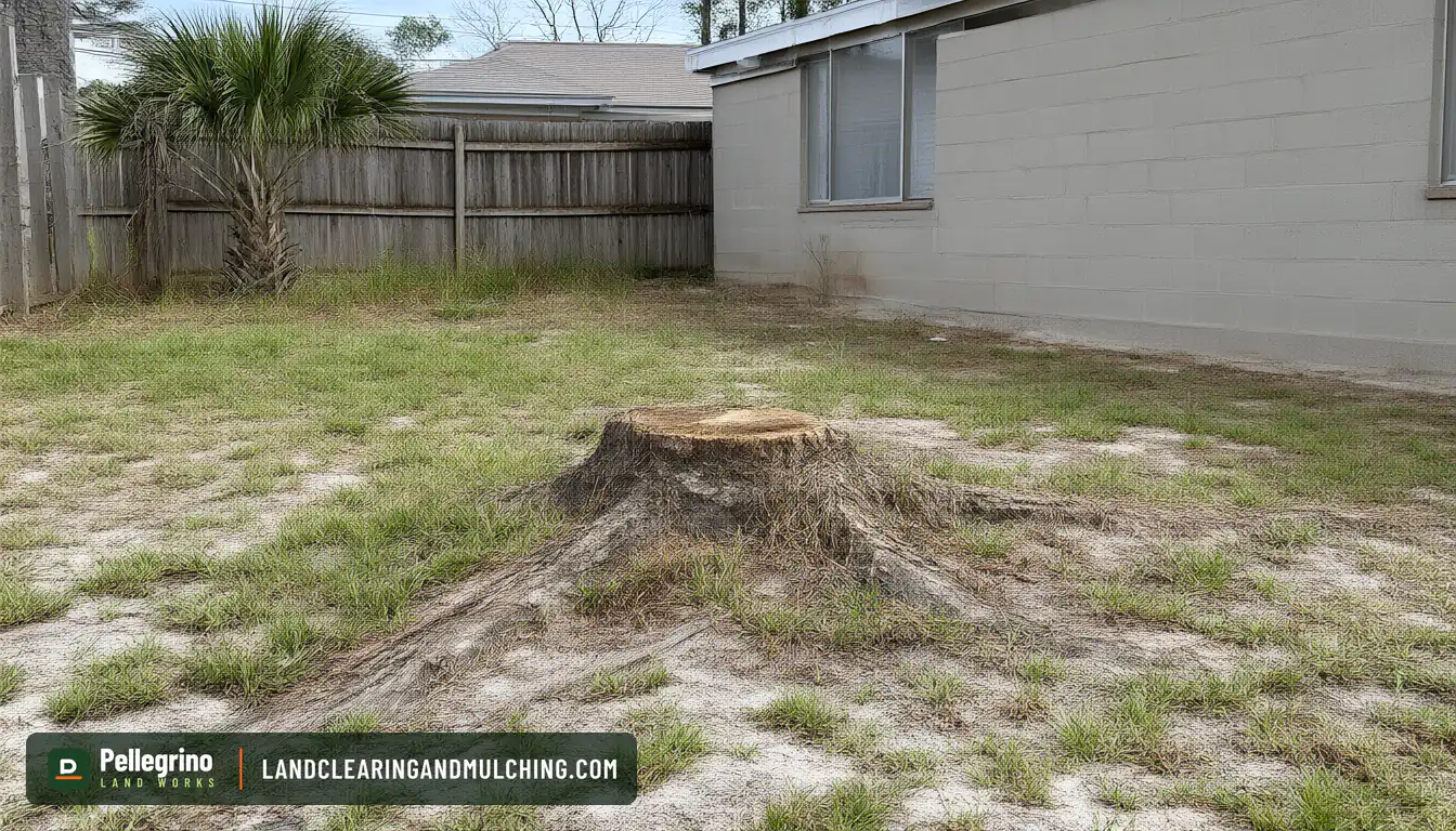 Pine stump in a Florida subdivision backyard a few steps from a block house and a wood fence