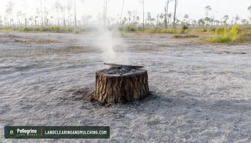 Old slash pine stump smoldering in a ring of bare sand on open Florida acreage