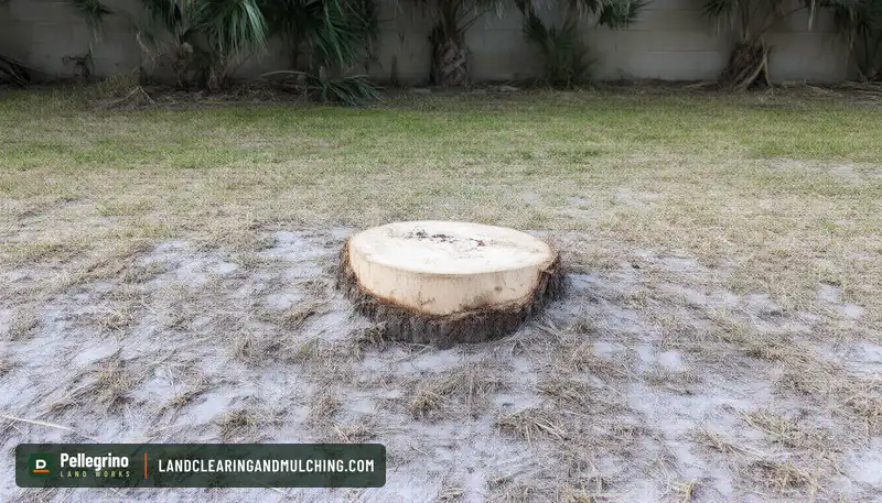 Fresh-cut slash pine stump in a sandy Florida backyard with saw palmetto behind it