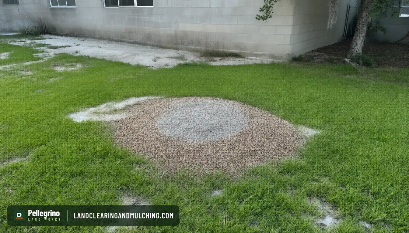 Same Florida lawn after stump grinding, a low mound of wood chips and sand where the oak stood
