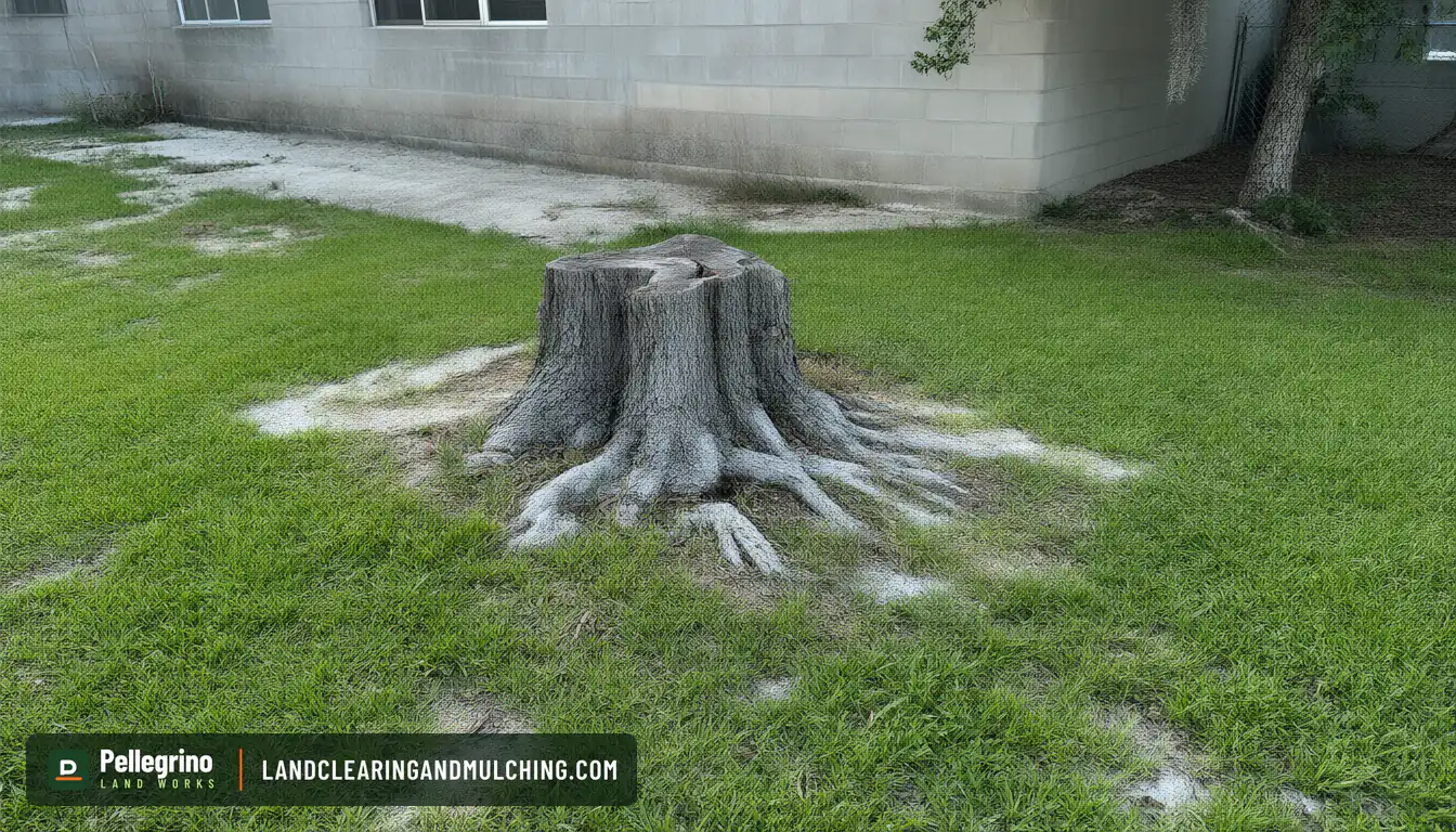 Laurel oak stump in a St. Augustine lawn beside a Florida block house before grinding