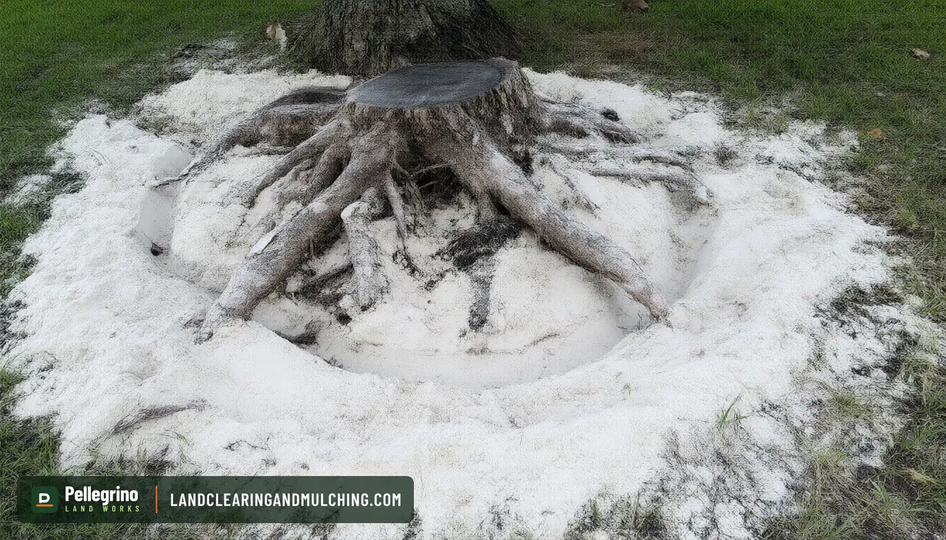 Trench dug around a small pine stump in Florida sand with lateral roots exposed
