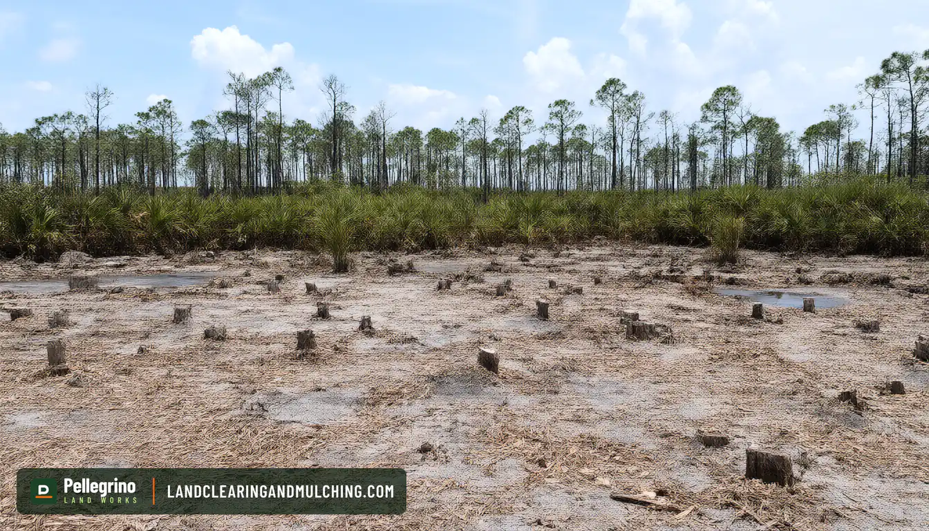 Cleared Florida flatwoods lot with low pine stumps scattered across sandy ground