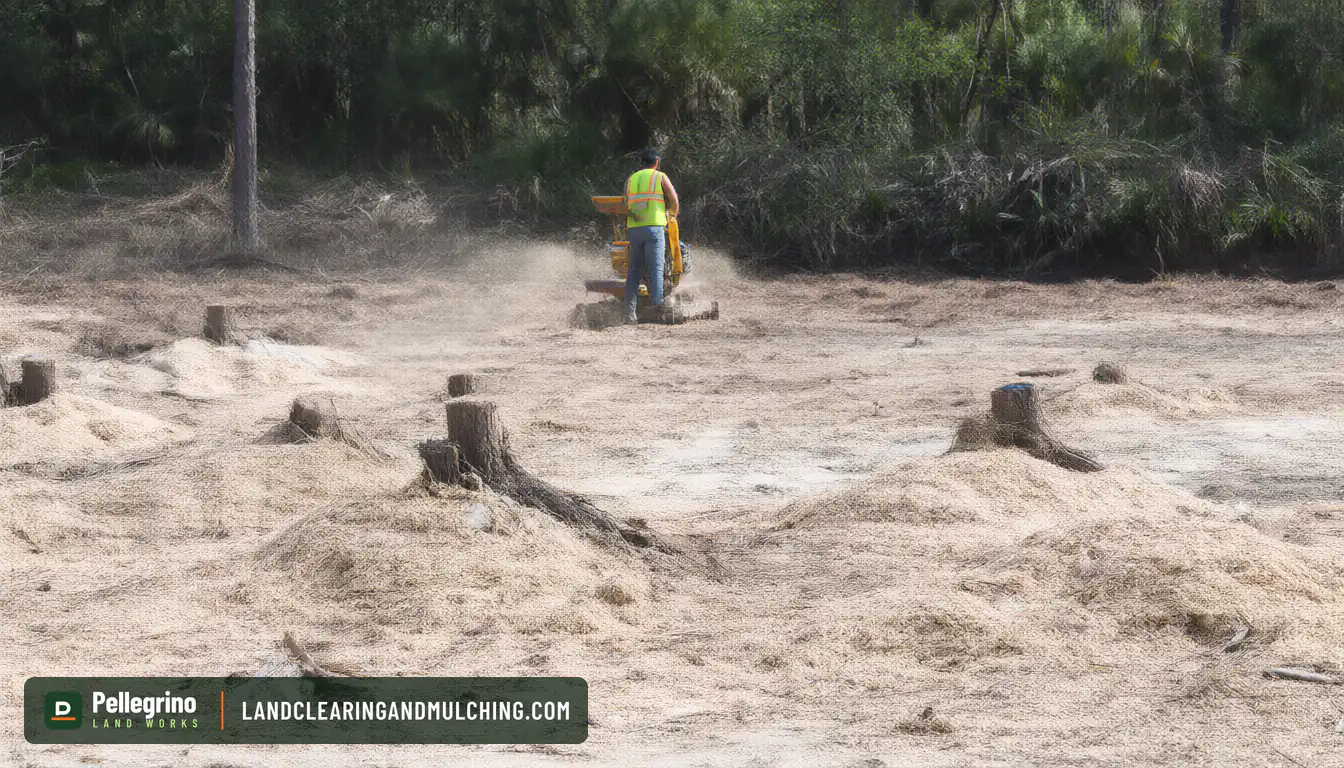 Stump grinding crew working at a distance on a cleared Florida lot with pine and palmetto