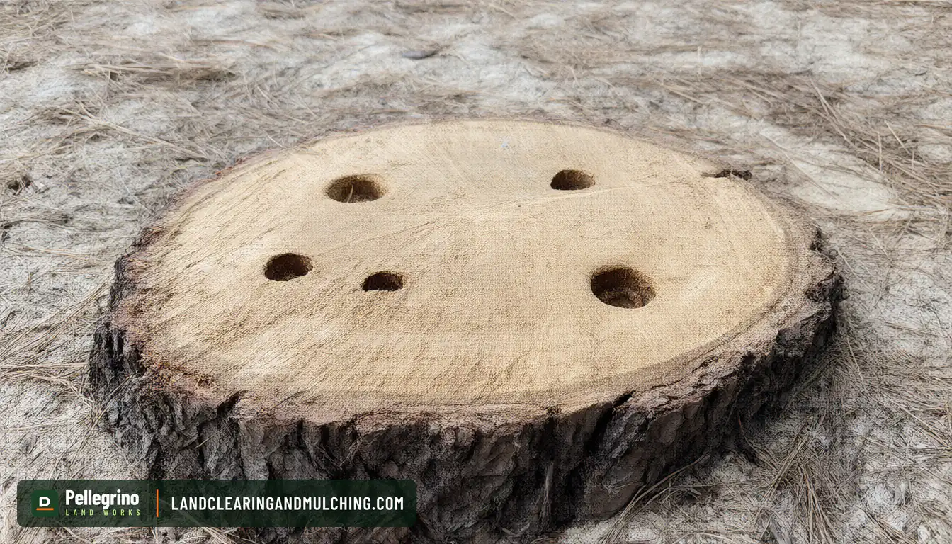 Pine stump top drilled with one-inch holes for a potassium nitrate stump remover