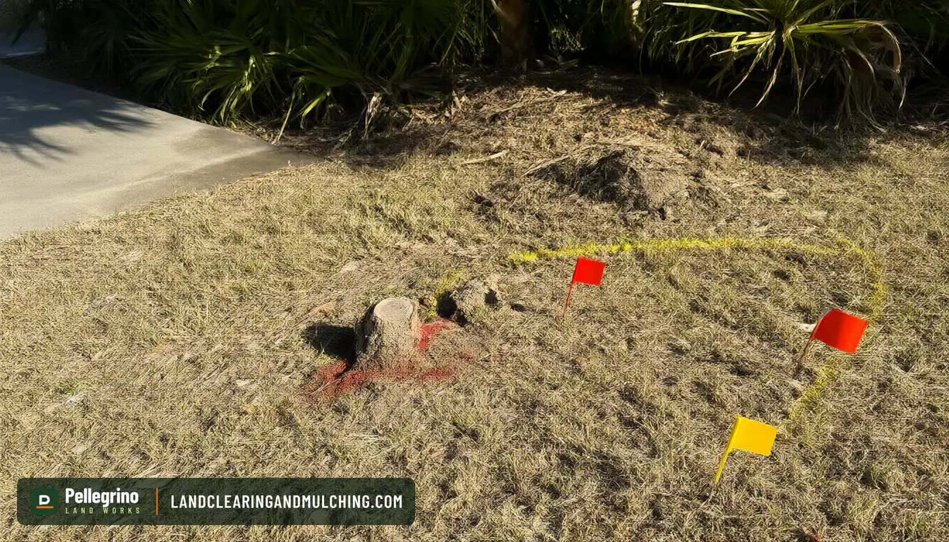 Utility locate paint lines and plain flags on a Florida lawn near a small tree stump