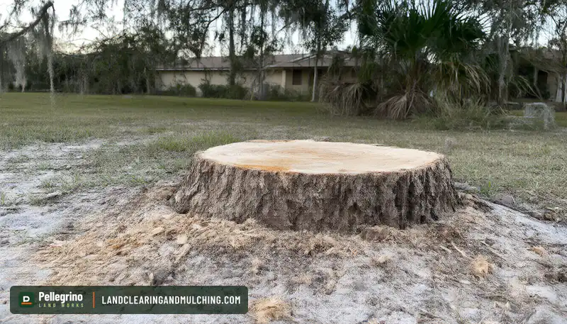 Freshly cut oak stump on a sandy Florida lawn with a single-story block house behind it
