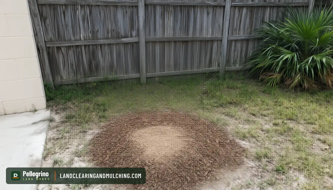 The same backyard corner after stump grinding, a low mound of wood chips on sand