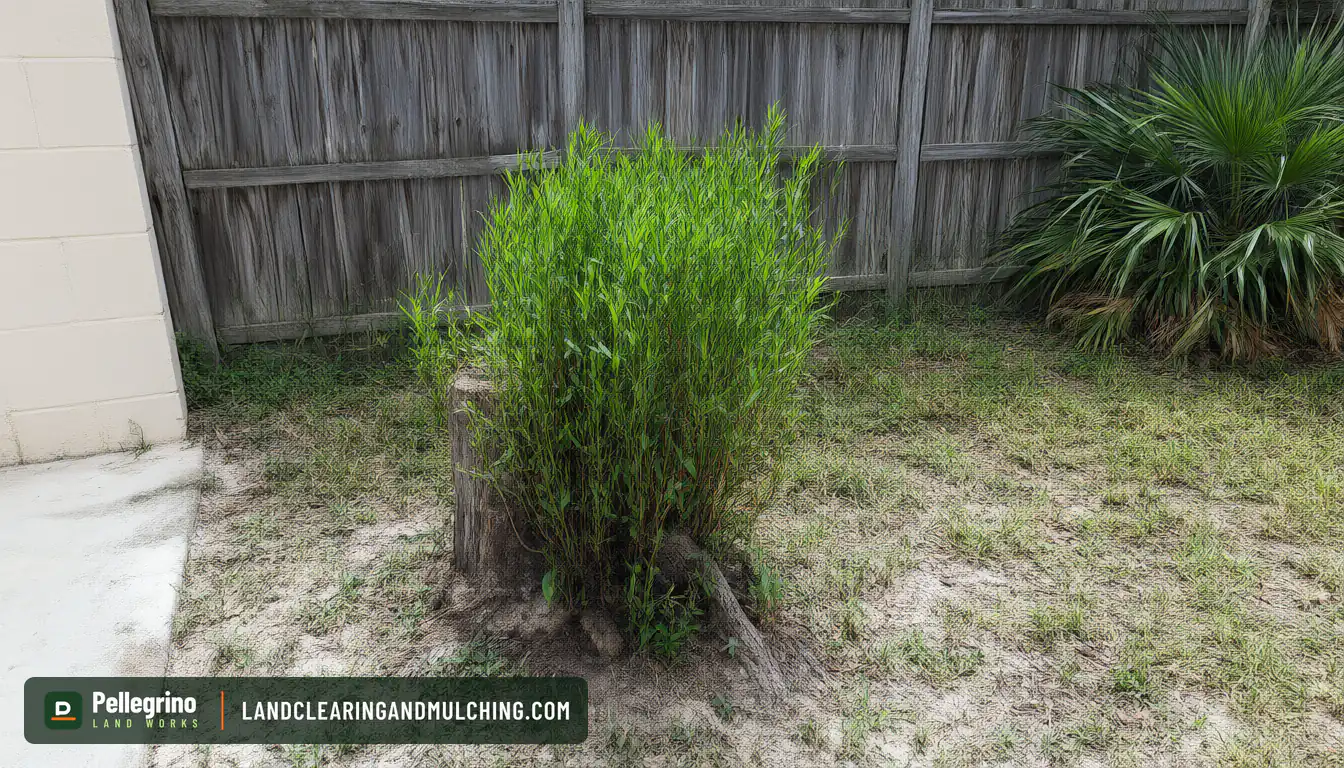 Backyard oak stump with waist-high sprouts against a wood privacy fence in Florida