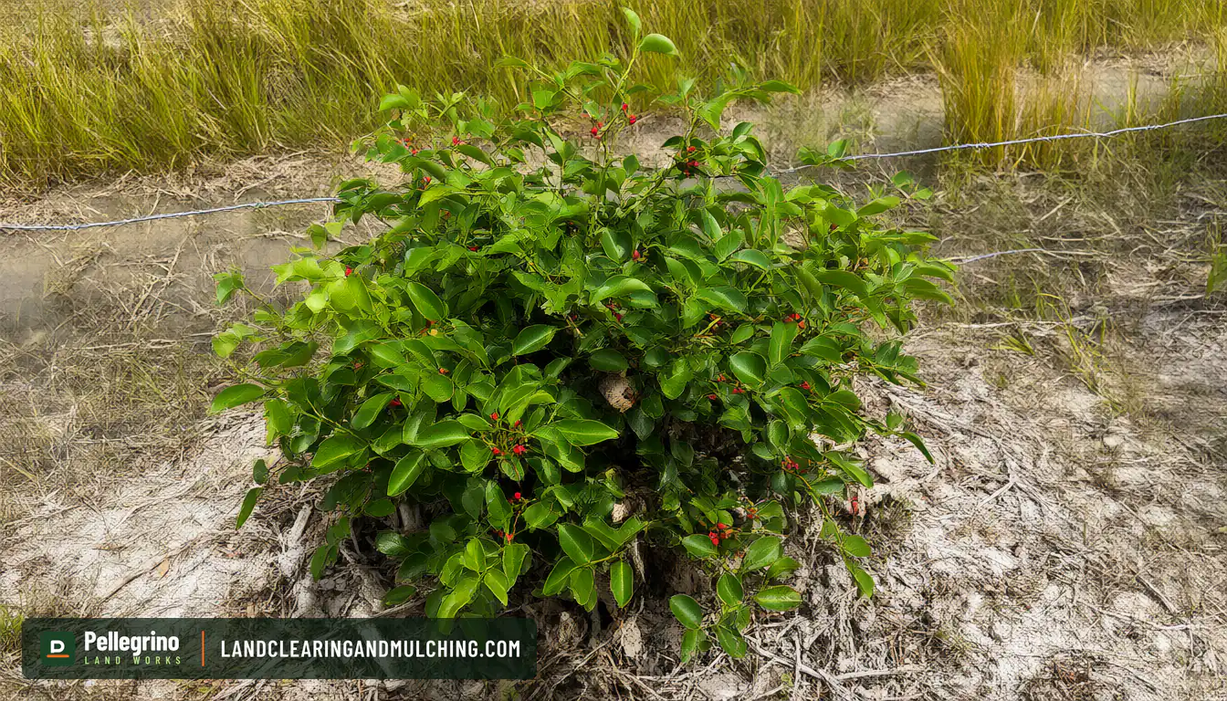 Brazilian pepper stump resprouting with many stems and red berries along a Florida fence line