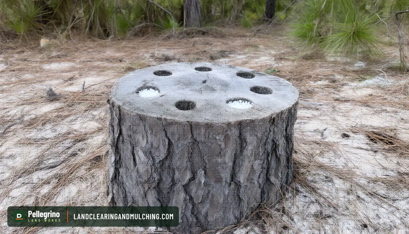 Weathered pine stump drilled with one-inch holes for a potassium nitrate stump remover