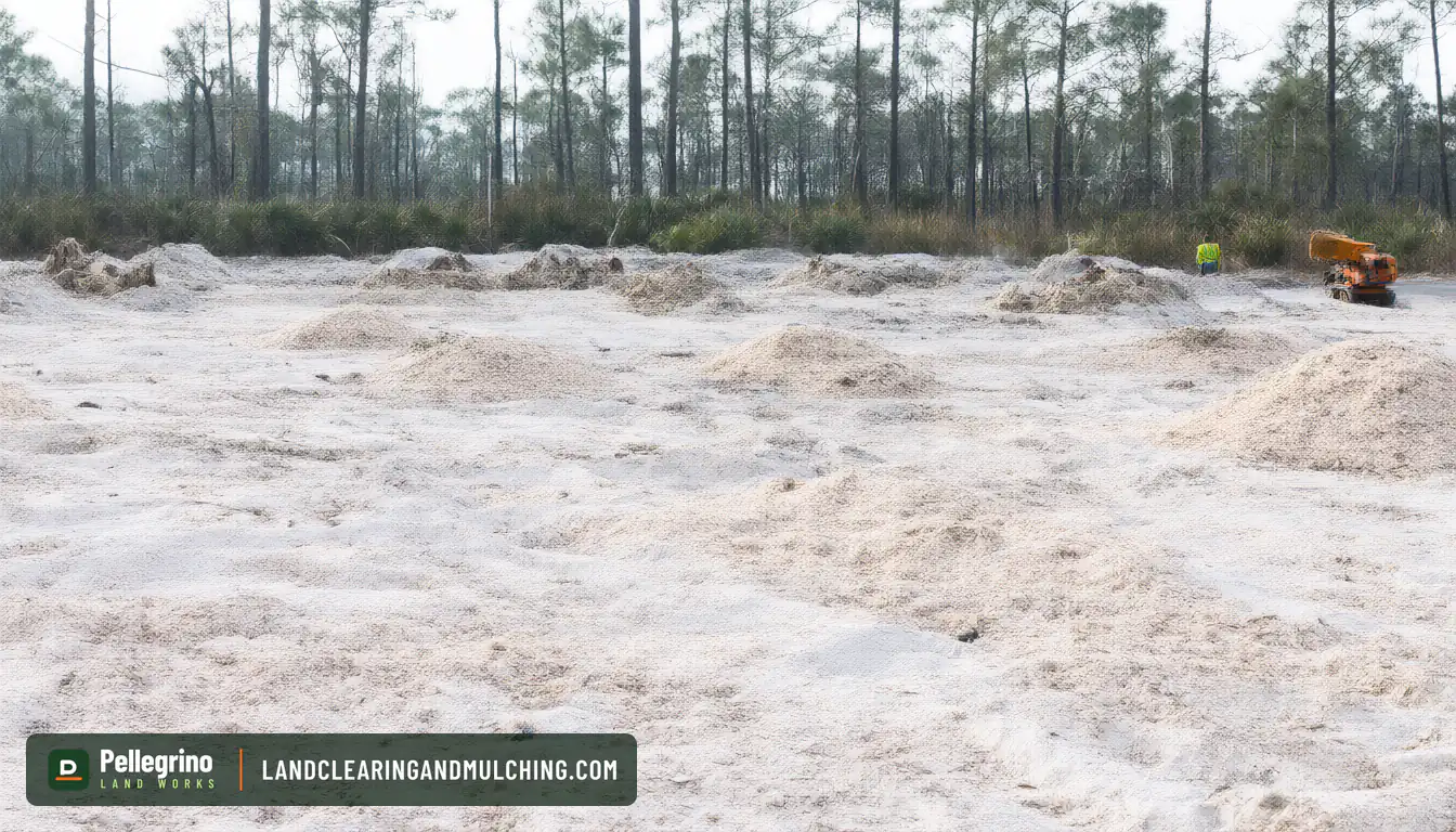 Stump grinding crew working at a distance on a cleared Florida lot with slash pines behind