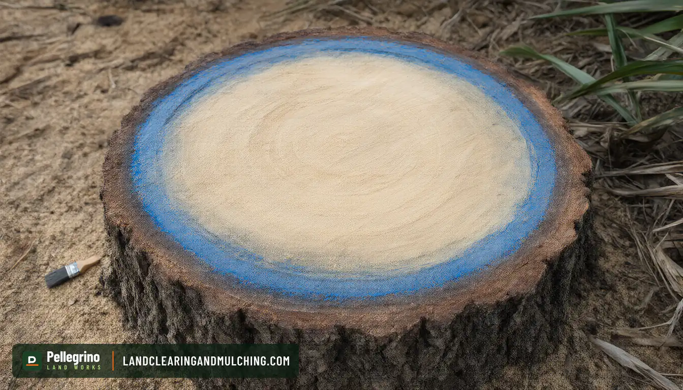 Fresh-cut stump with blue marker dye painted on the outer ring just inside the bark