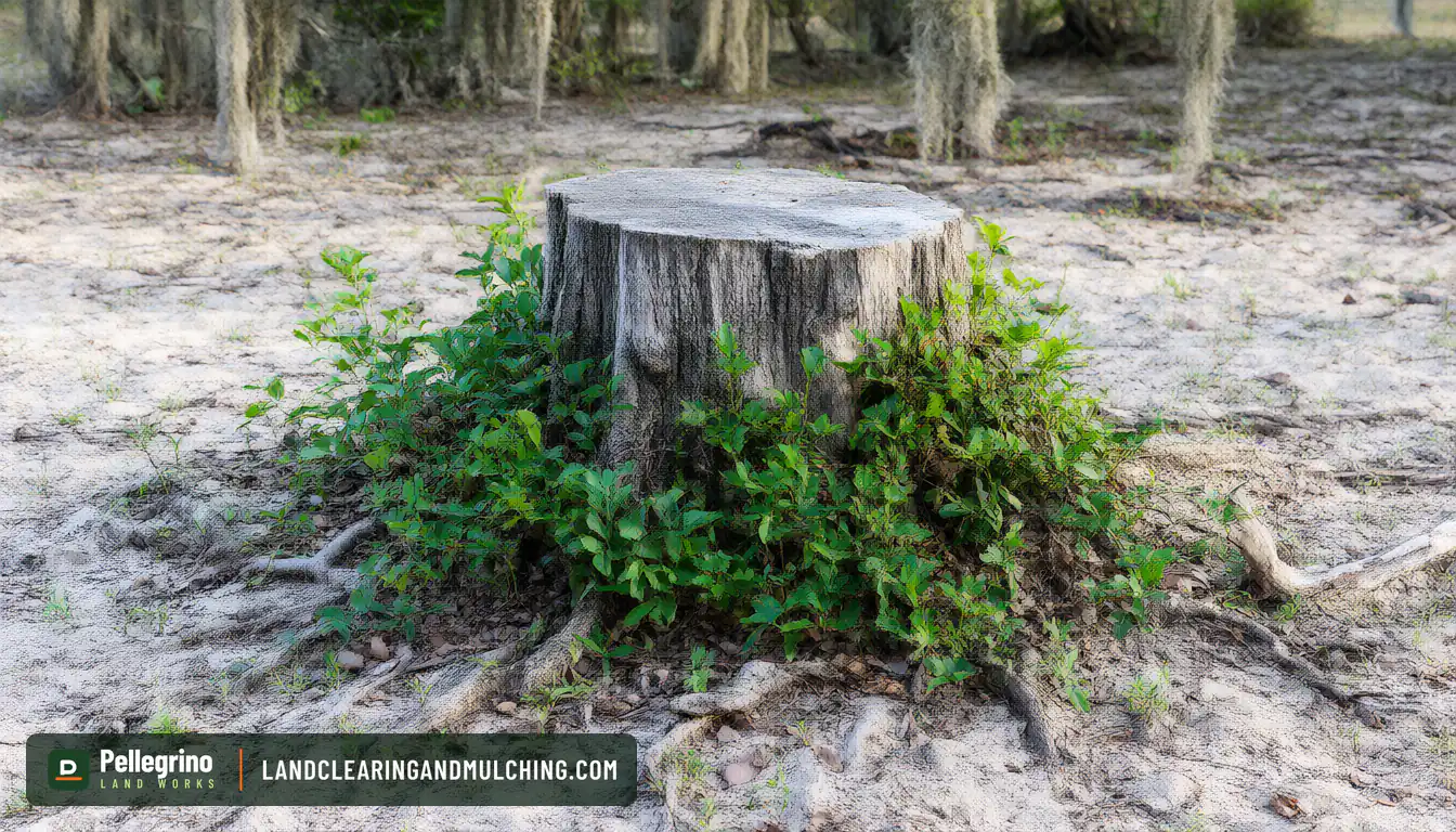 Live oak stump with a ring of green sprouts coming from the root collar in a Florida yard