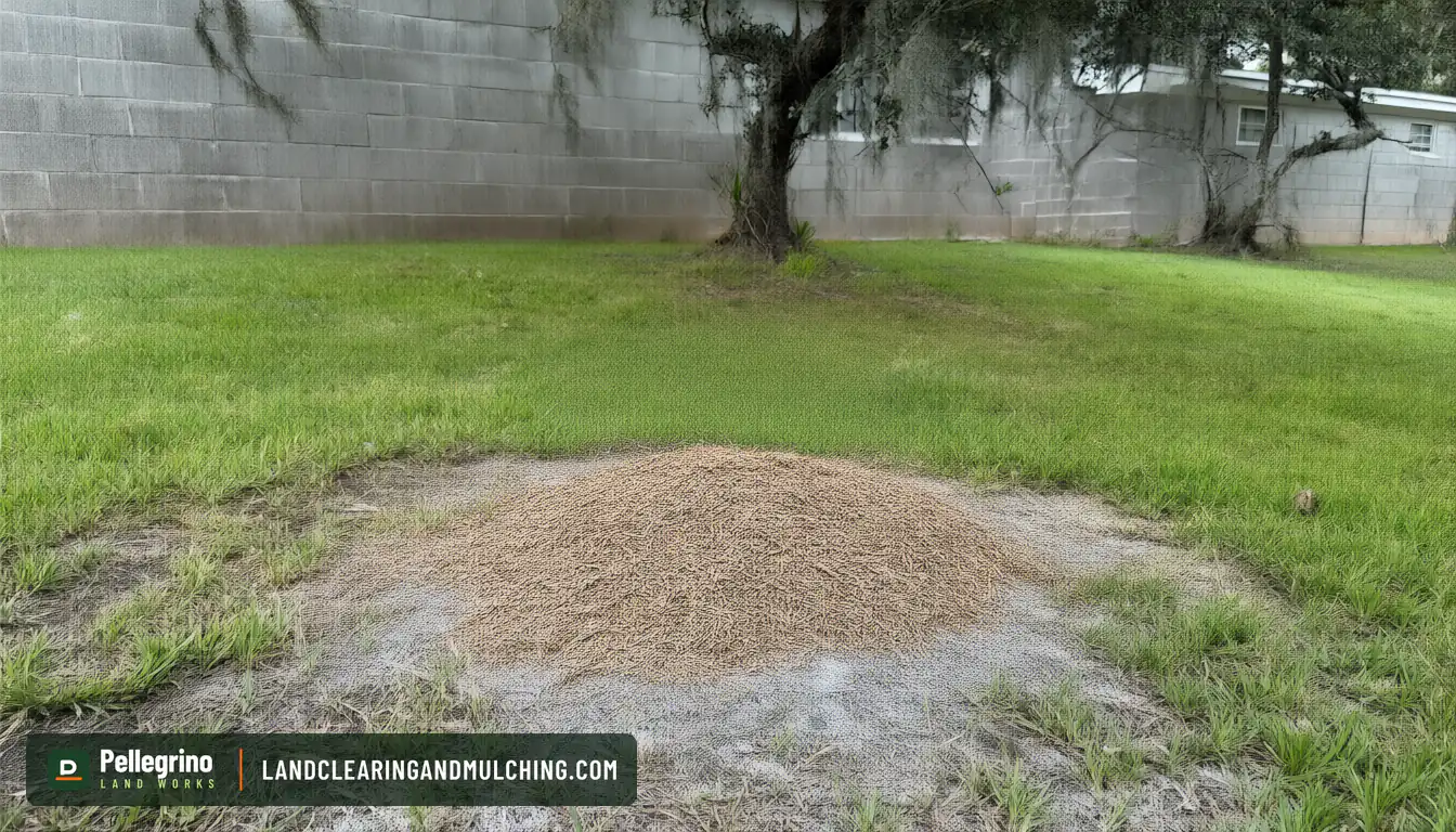 Same Florida lawn after stump grinding, the pine stump gone and a mound of chips and sand in its place