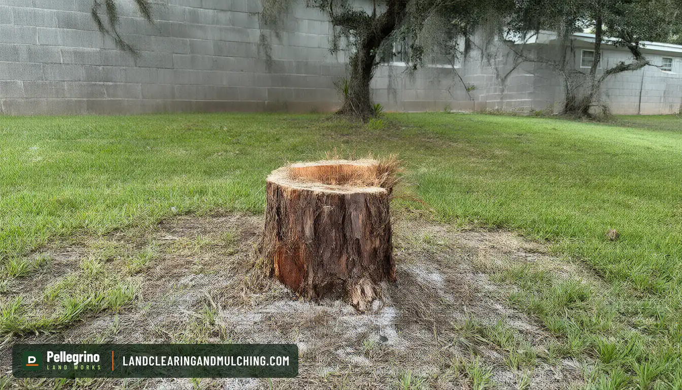 Cut slash pine stump about 20 inches across sitting in a St. Augustine lawn beside a Florida block house