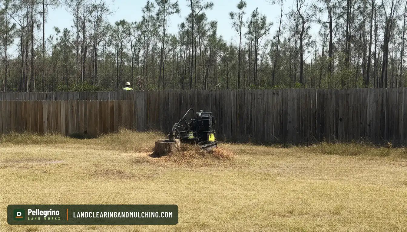 Crew grinding a stump at the far end of a fenced Florida backyard, chips spraying low