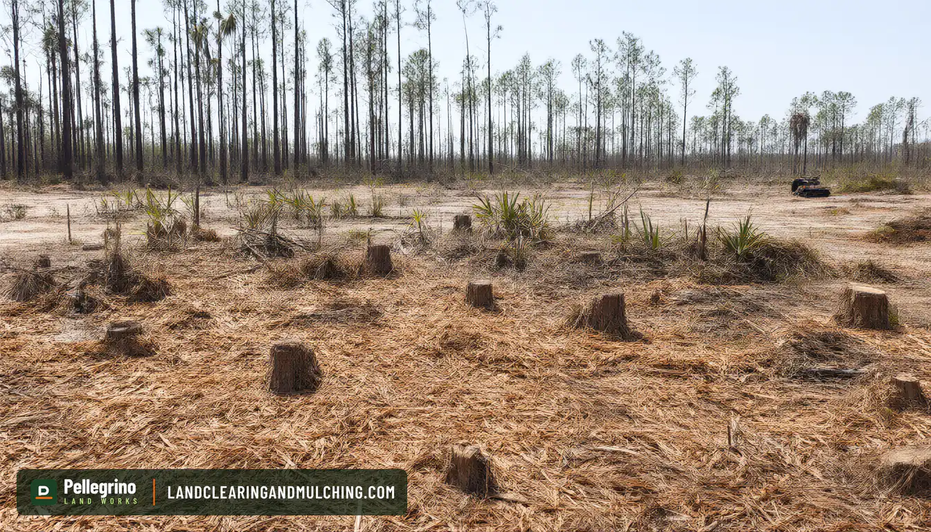 Cleared pine flatwoods lot in Florida with low cut stumps among mulch and saw palmetto, slash pines kept at the edge
