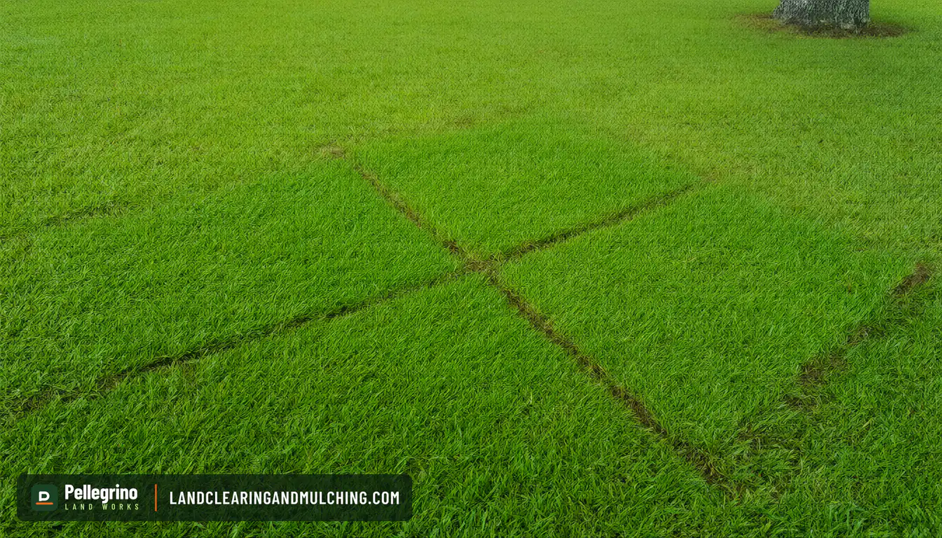 New pieces of St. Augustine sod laid over a filled stump hole in a Florida lawn, seams still visible